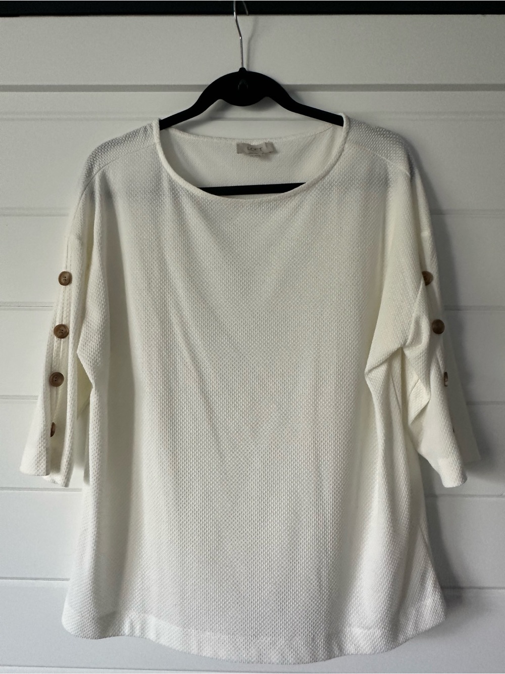 LOFT Cream Textured Button-Sleeve Knit Top